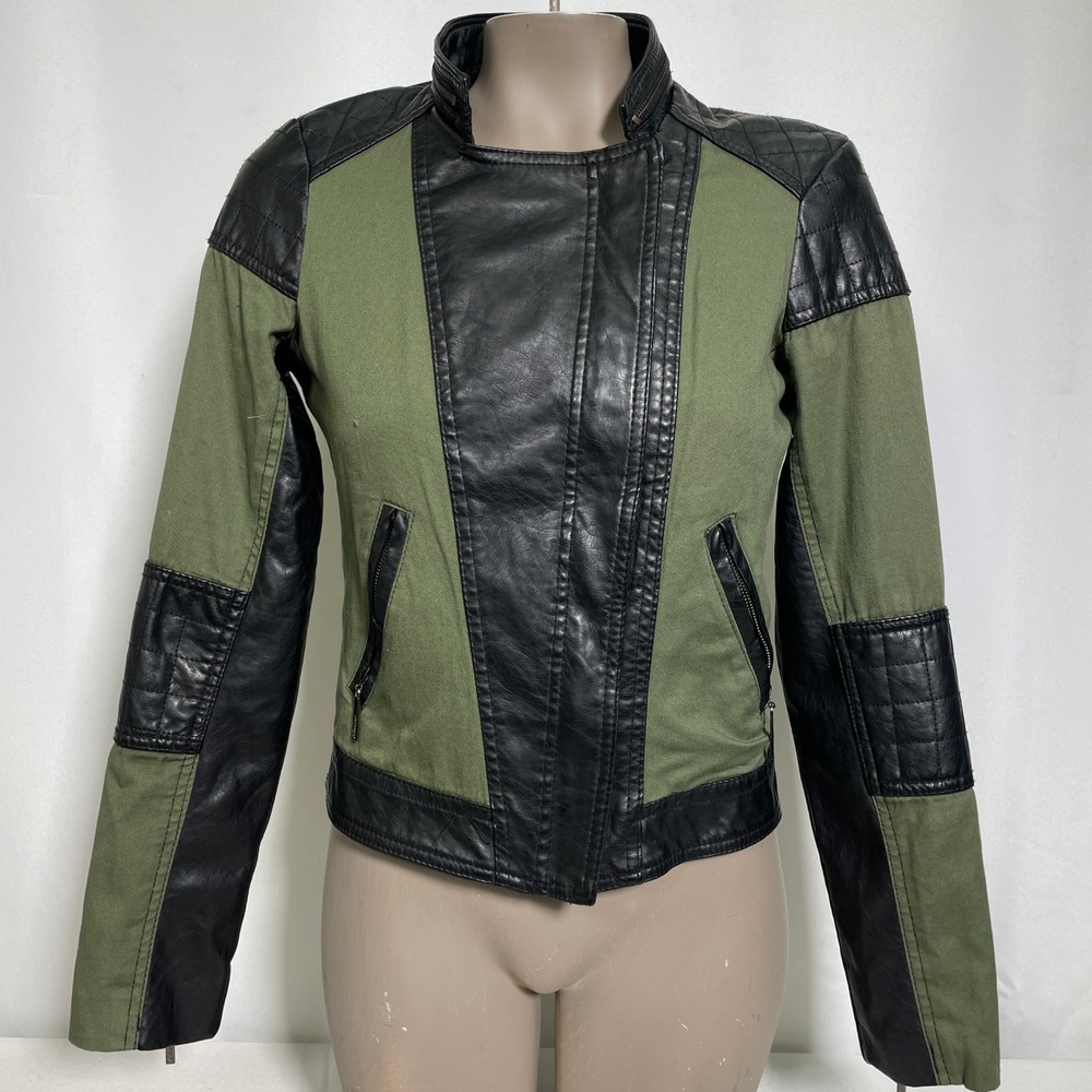 Therapy Olive Green Black Faux Leather Mixed Media Moto Jacket Women's MEDIUM
